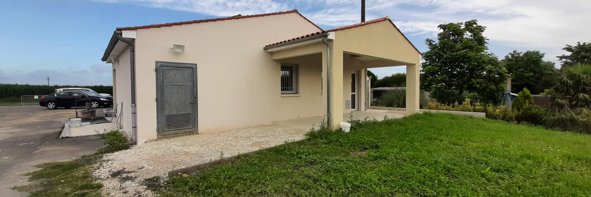 Maison unifamiliale avec garage, voiture, poteau électrique, câbles et herbe.