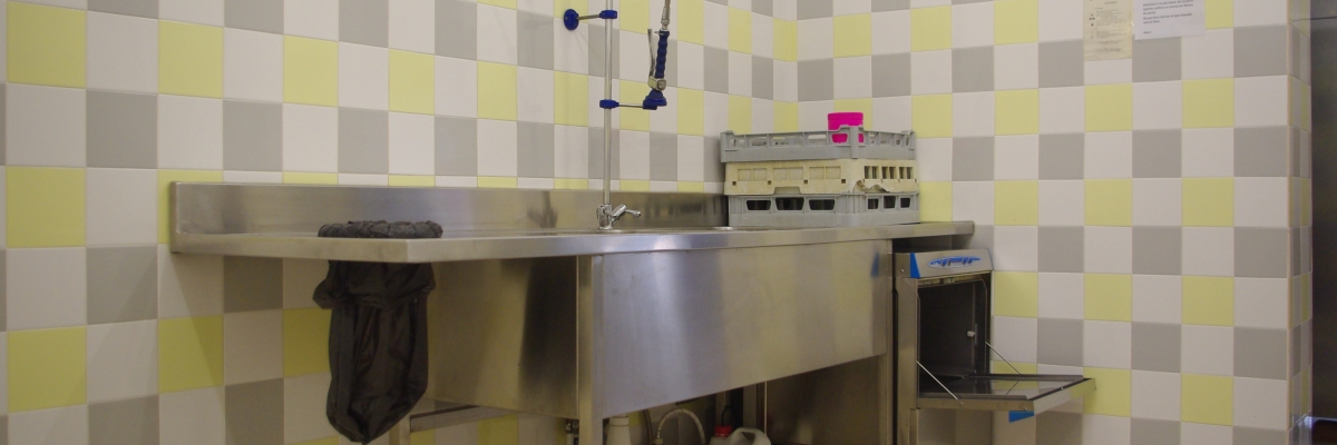 Cuisine avec plan de travail, évier, robinet, et appareils électroménagers.