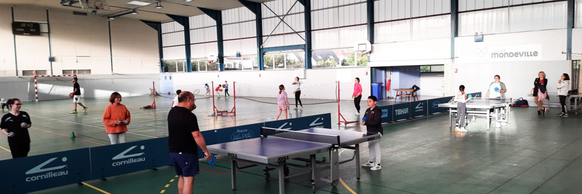 Salle de sport avec tables de ping-pong, filets, ballons, et groupes de personnes.
