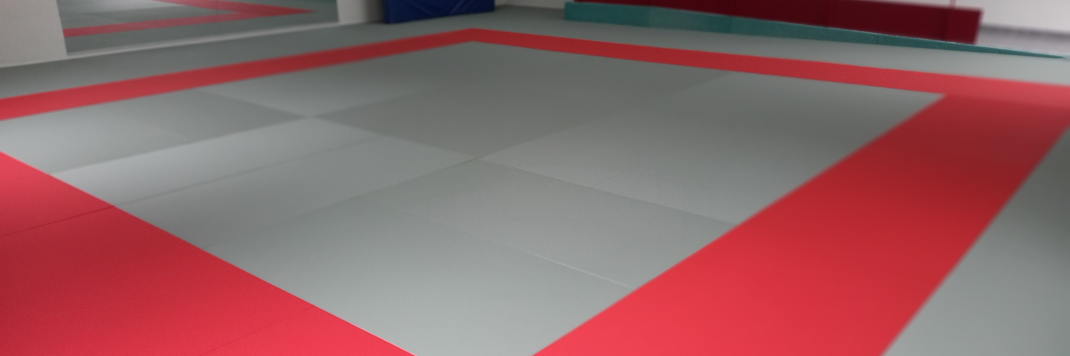 Salle avec sol en mousse, miroir, rampe et mat bleu.