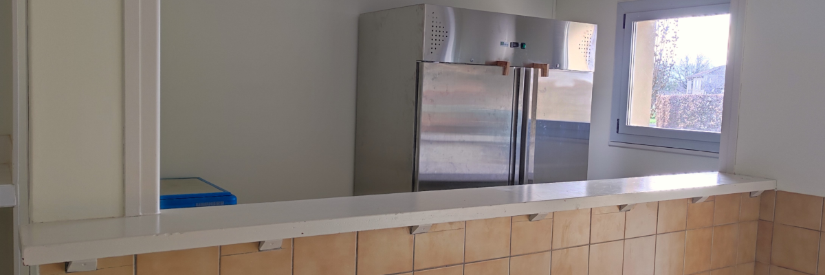 Cuisine avec comptoir, plaque de cuisson, frigo-congélateur et fenêtres.