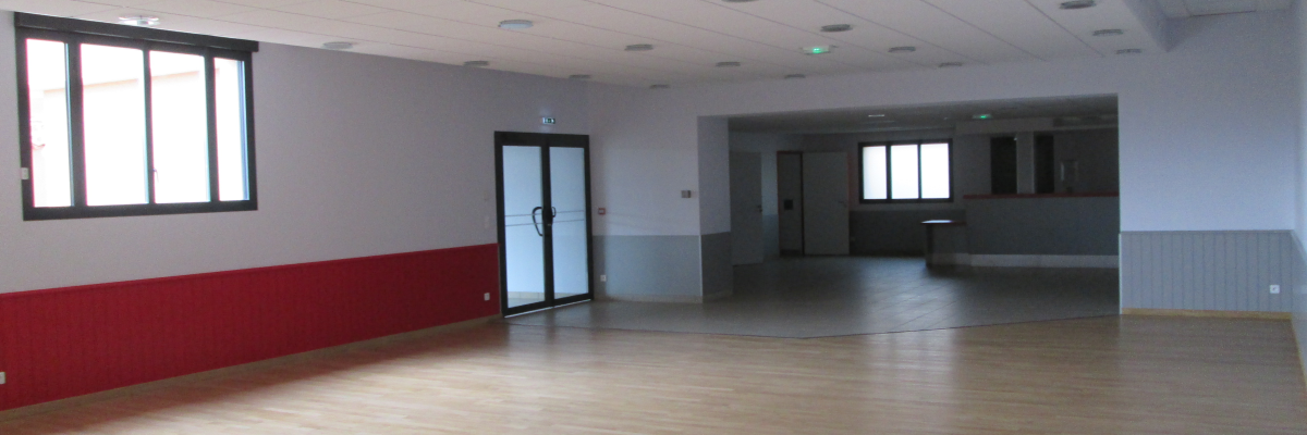 Grande salle vide avec parquet, murs blancs, porte, fenêtres et plafonnier.