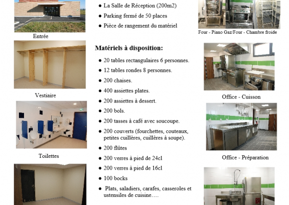 "Brochure de salle de réunion avec parking, cuisine, matériel et disposition des lieux. Images des espaces et équipements."