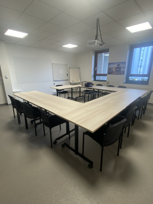 Salle de réunion avec table, chaises, tableau blanc, vidéo projecteur, micro, écran et fenêtre.
