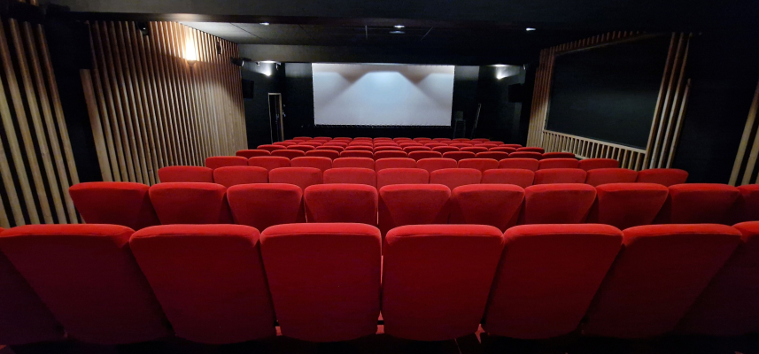 Salle de cinéma avec sièges rouges, écran et projecteur.