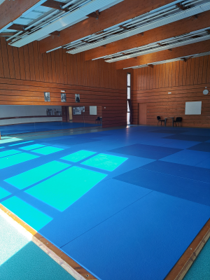 Salle polyvalente avec sol bleu, murs en bois, tables, chaises et projecteurs suspendus.