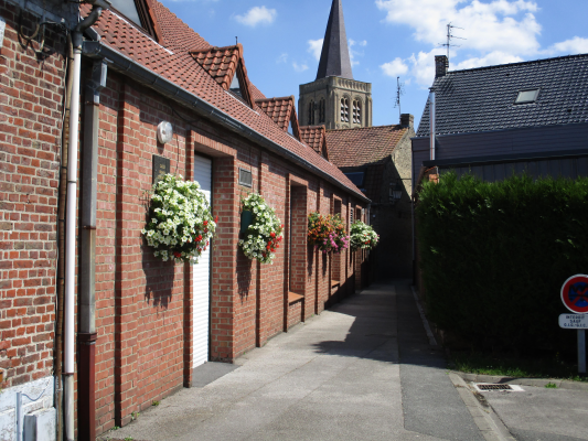 Allée avec bâtiments en brique, fleurs suspendues, égout et clôture.