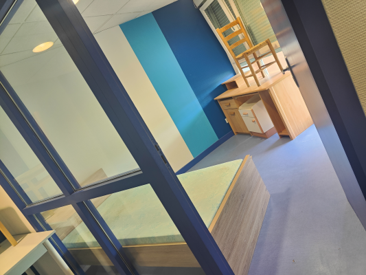 Bureaux, armoires, et fenêtres dans un espace de travail ouvert avec des murs bleus et verts.