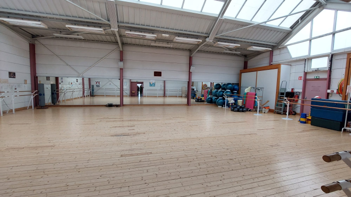 Salle de danse avec barres, miroirs, ballons, step et autres équipements de fitness.