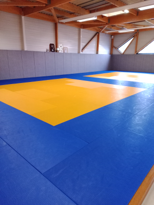 Salle avec tapis bleu et jaune, mur gris, toit en bois.