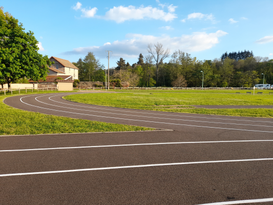 Parking avec lignes de marquage, pelouse, arbres, bâtiment et poteaux électriques.