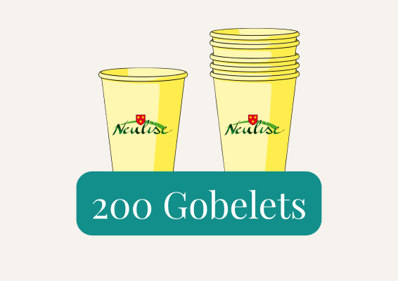 200 gobelets Neulise jaunes empilés, texte "200 Gobelets".