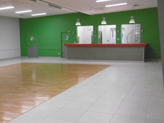 Salle avec parquet, sol carrelé, mur vert, comptoir gris avec dessus rouge, portes et lampes.