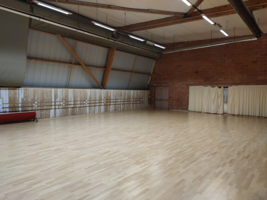 Salle de danse avec parquet, barre, miroir, rideau et matelas rouge.