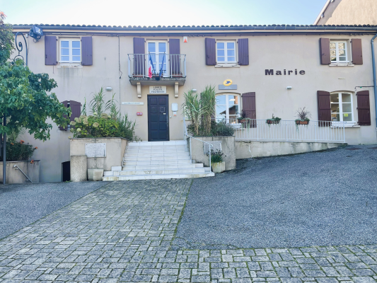Mairie avec façade, volets, pots de fleurs, escalier et trottoir pavé.