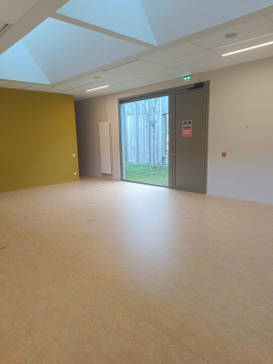 Salle vide avec porte, fenêtre, sol en bois et murs colorés.