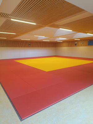 Salle avec tapis de sol coloré et éclairage suspendu.