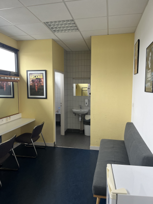 Bureau avec table, chaise, canapé, lavabo, miroir et tableaux.