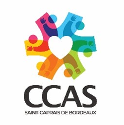 Logo CCAS avec cœur et mains multicolores, texte "CCAS SAINT-CAPRAIS DE BORDEAUX".