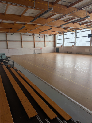 Gymnase avec parquet, gradins, panier de basket et fenêtres.