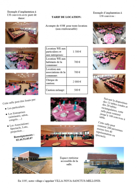 Affichage de tarifs de location pour des espaces d'événements avec des images de salles et d'activités.