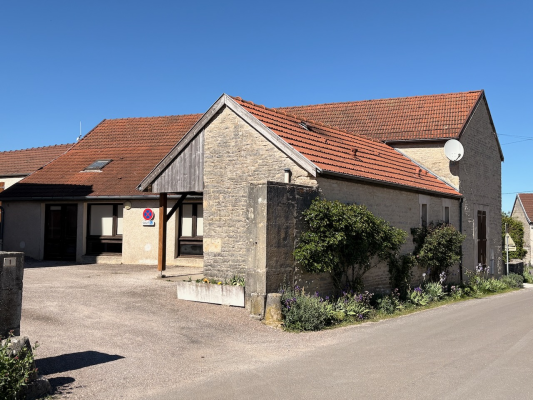 Maison en pierre avec toit rouge, antenne parabolique, porte de garage, plantes et allée.