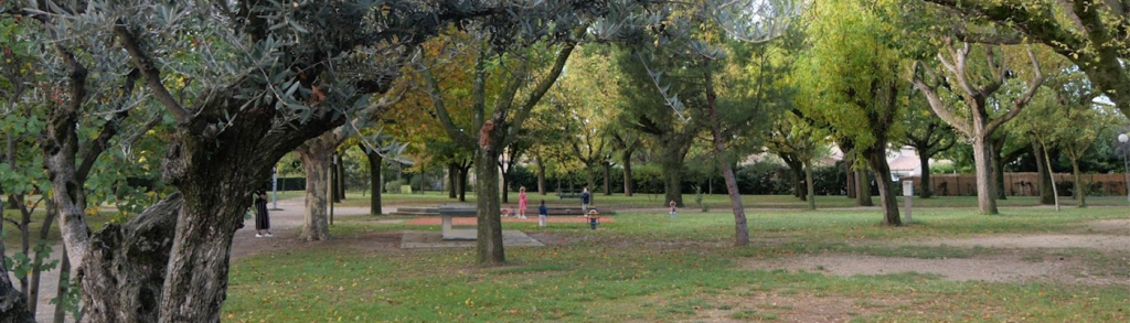 Parc avec arbres, pelouse, sentiers, bancs, aire de jeux et personnes.