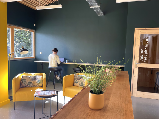 Espace avec table, chaises, plante, journaux et personne travaillant sur ordinateur.