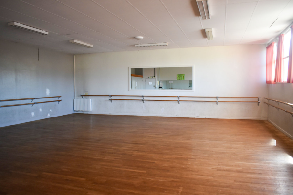 Salle avec barres murales, miroirs, sol en bois et éclairage suspendu.