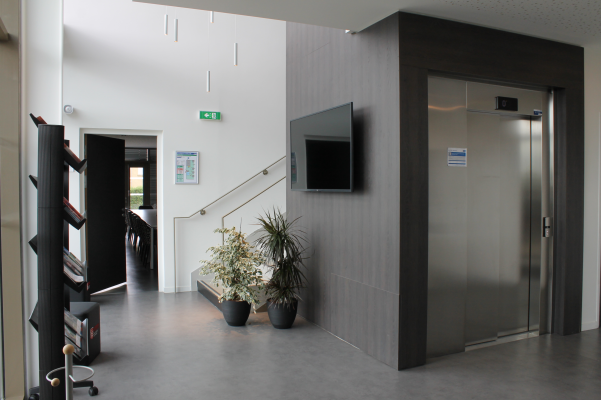 Hall avec ascenseur, télévision murale, escalier, porte, plantes et présentoir.