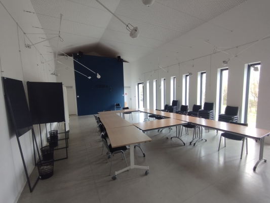 "Salle de réunion avec tables, chaises, tableau blanc, pot de fleurs, fenêtres, éclairage suspendu et porte."