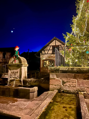 Fontaine avec statue, sapin de Noël illuminé et bâtiment traditionnel.