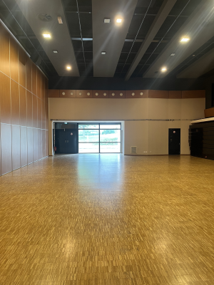 Grande salle avec parquet, lumières au plafond, portes vitrées et murs beiges.