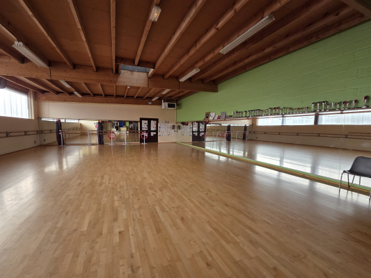 Salle de danse avec plancher en bois, barres, miroir, porte et chaise.