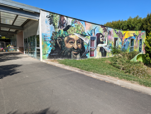 Mur extérieur avec graffiti coloré, entrée vitrée, allée, gazon et arbres.