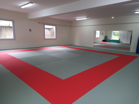 Salle avec sol de sport, miroirs, fenêtres et extincteur.