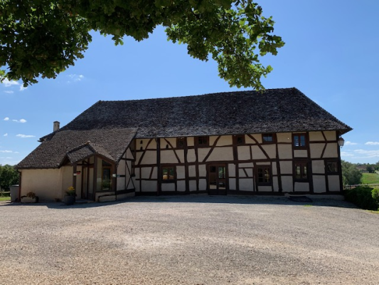 Maison à colombages, toit en chaume, entrée, fenêtres, arbre, ciel.