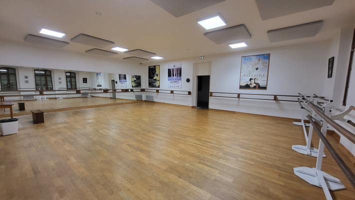 Salle de danse avec parquet, barres, bancs et miroirs.