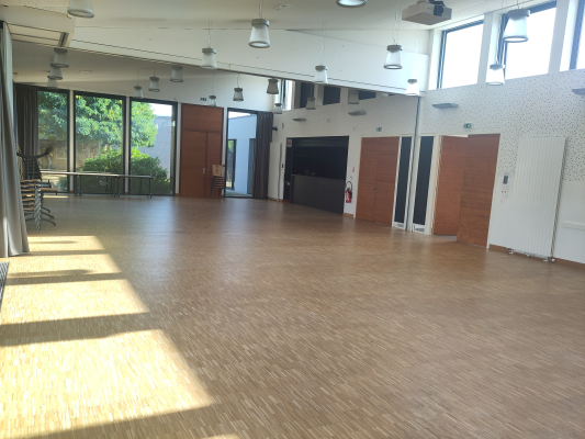Salle spacieuse avec parquet, portes en bois, fenêtres, luminaires suspendus, et mobilier de jardin visible à travers les portes vitrées.
